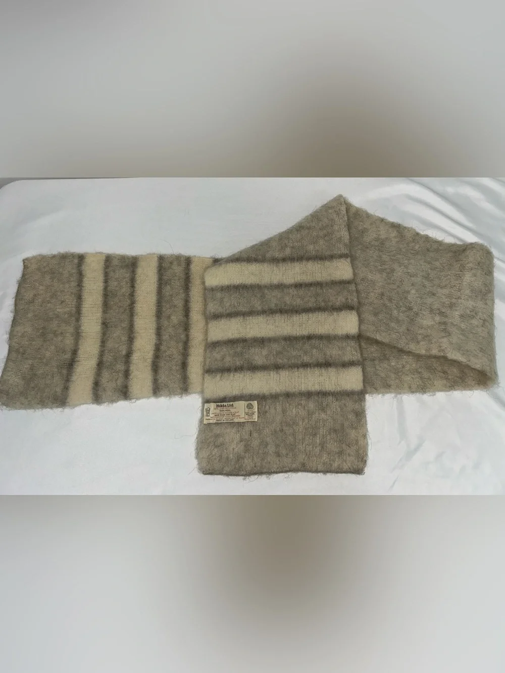 Vintage Hilda Wool Scarf Iceland Tan Cream Gray Heather Iceland 9.5” x 58”